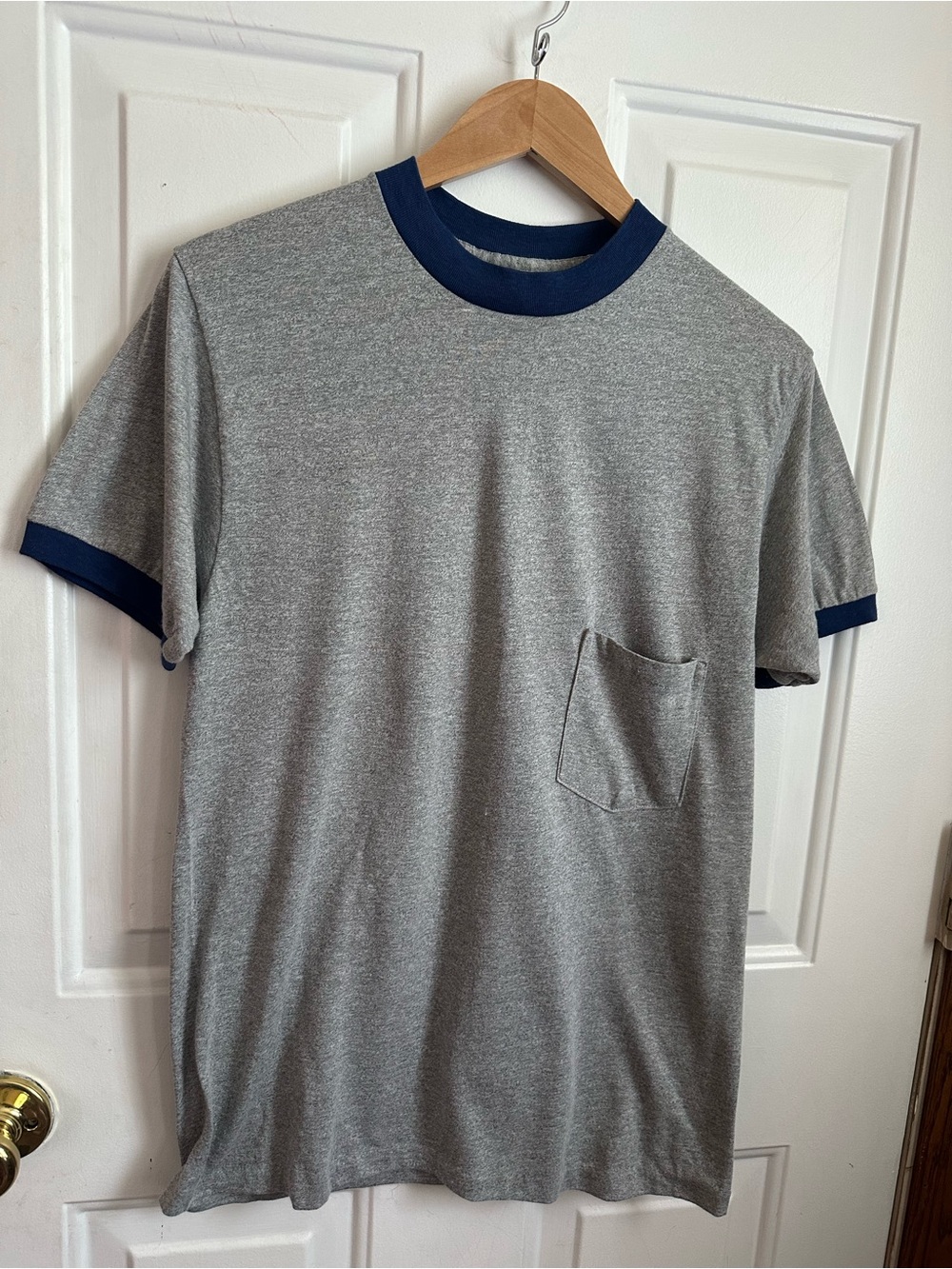 Men's Gray Ringer Pocket Tee with Navy Trim Vintage Montgomery Ward